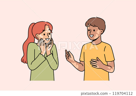 Kids with vitiligo talk with smile and do not notice dermatological problems and skin pigmentation 119704112