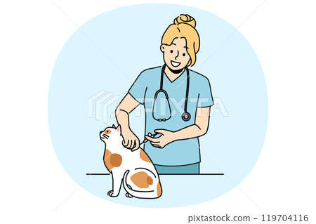 Woman veterinarian inoculates cat to protect pet from dangerous viruses and bacteria 119704116