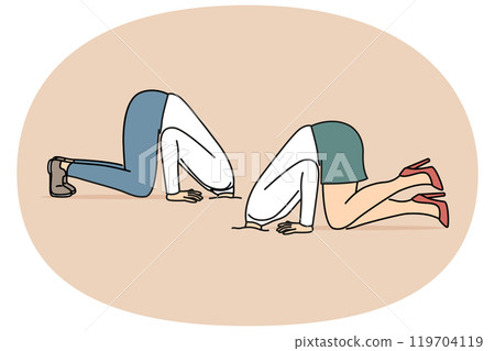 Business people hide heads in sand because of cowardice and fear problems caused by competition 119704119