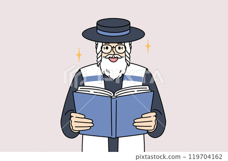 Old jewish man reads torah, studying gospel and prayers for shabbat visit to synagogue 119704162
