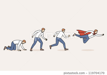 Evolution of business man turning into leader and superhero from crawling loser. 119704170