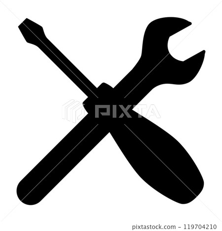 wrench and screwdriver, two crossed hand tools silhouette shape, black and white vector illustration, white background wrench and screwdriver, two crossed hand tools silhouette shape, black and white vector illustration, white background 119704210