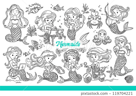 Mermaids with beautiful girl with fish tail who lives at bottom of ocean. Hand drawn. Mermaids with beautiful girl with fish tail who lives at bottom of ocean. Hand drawn. 119704221