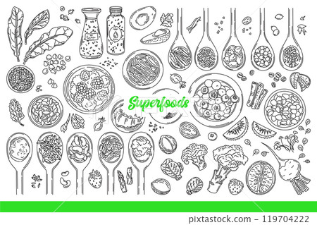 Superfoods for better health, thanks to organic grains or fruits and vegetables. Hand drawn. Superfoods for better health, thanks to organic grains or fruits and vegetables. Hand drawn. 119704222