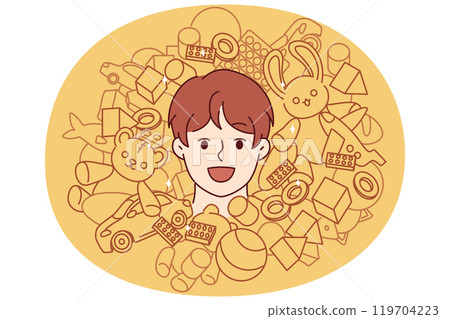 Face of teenager boy among toys and constructor for entertainment or development of child Face of teenager boy among toys and constructor for entertainment or development of child 119704223