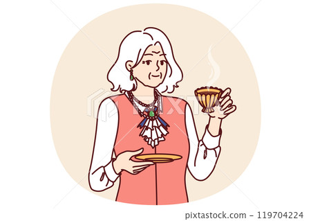 Elderly aristocrat woman drinks tea from golden mug and is dressed in exquisite expensive clothes Elderly aristocrat woman drinks tea from golden mug and is dressed in exquisite expensive clothes 119704224