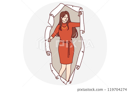 Woman in evening dress peeks out of hole in torn paper offering to attend party together 119704274