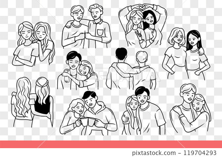 Love and friendship are demonstrated by couples of people building relationships. Hand drawn. 119704293