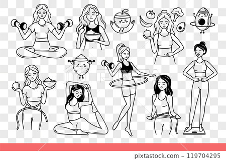 Lead healthy lifestyle and use organic diet or exercise to improve their well-being. Hand drawn. Lead healthy lifestyle and use organic diet or exercise to improve their well-being. Hand drawn. 119704295