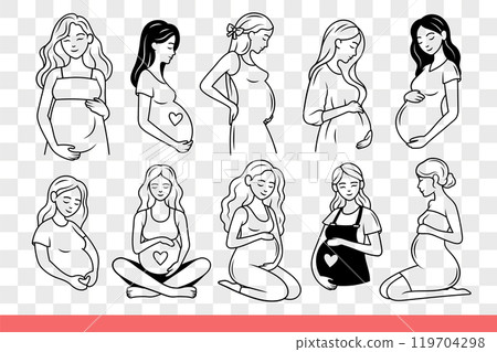 Pregnancy women expecting child and smilingly dreaming of family and healthy children. Hand drawn. 119704298