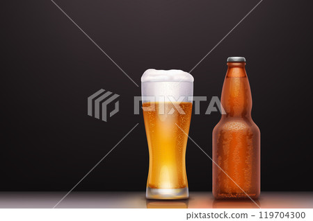 beer glass and bottle on dark back 119704300