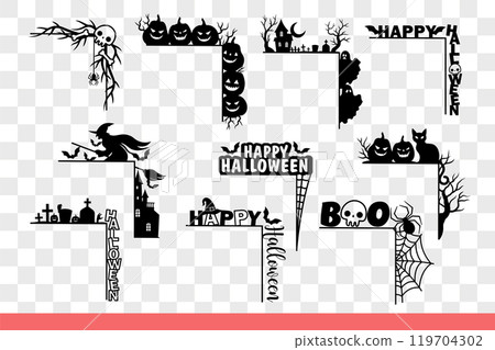 Halloween decorations on corners and frames for photos or cards with scary elements. Hand drawn. Halloween decorations on corners and frames for photos or cards with scary elements. Hand drawn. 119704302