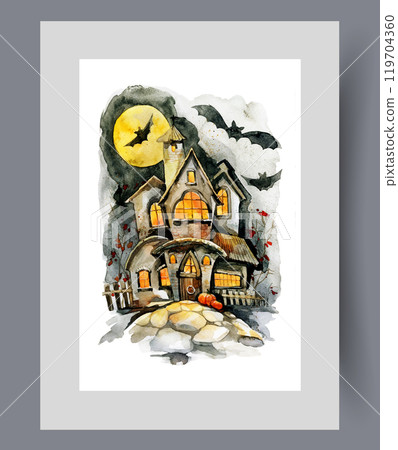 Castle with ghosts on night of Halloween celebrations October 31 on print. Watercolor artwork 119704360