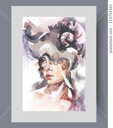 Mysterious woman in witch hat captivates men with beauty on wall art. Watercolor artwork 119704361