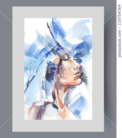 Sensual girl with blue strokes of paint instead of hat and hairstyle on wall art. Watercolor artwork Sensual girl with blue strokes of paint instead of hat and hairstyle on wall art. Watercolor artwork 119704364