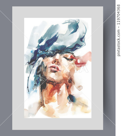 Glamorous woman in lady hat closes eyes and raises chin on poster. Watercolor artwork 119704368