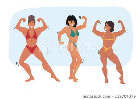 Women bodybuilding competition, with models showing off muscular bodies and big biceps 119704379