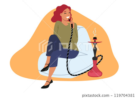 Woman smokes hookah, sits on pad in bar and relaxes after work, enjoying idleness Woman smokes hookah, sits on pad in bar and relaxes after work, enjoying idleness 119704381