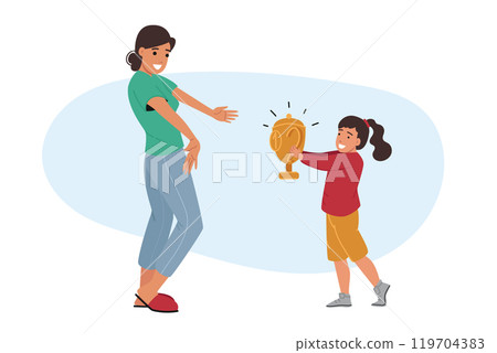 Little girl brings trophy to happy mother rejoicing at child success in education or school Little girl brings trophy to happy mother rejoicing at child success in education or school 119704383