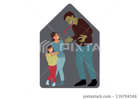 Domestic violence from tyrant man shouting at woman and child suffering from toxic family atmosphere 119704388