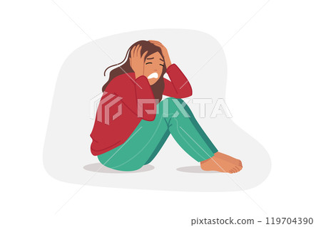 Upset woman is crying, sitting on floor and clutching head, due to panic attack or personal burnout 119704390