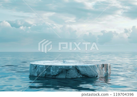 A huge piece of ice is slowly floating in the very middle of the ocean. AI-generated content. 119704396