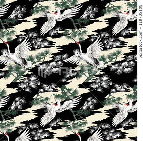 Traditional hand-drawn textile pattern of cranes and pine trees, 119705109