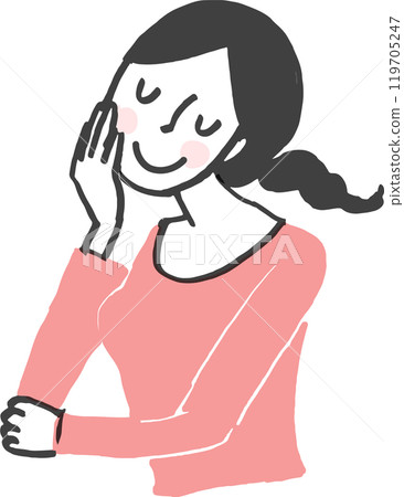 A smiling woman leaning on her hand and thinking. 119705247