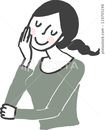 A smiling woman leaning on her hand and thinking. 119705248