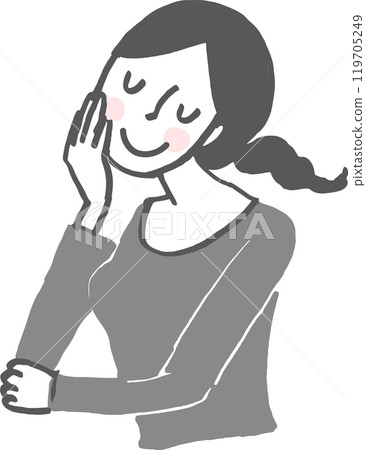 A smiling woman leaning on her hand and thinking. 119705249