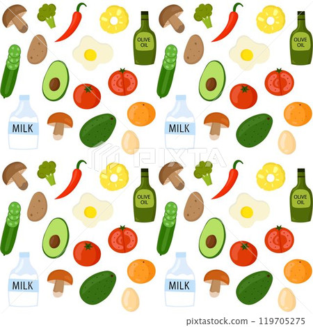 Seamless pattern with various foods like vegetables flat style. 119705275
