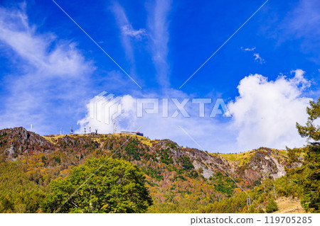 Autumn in Utsukushigahara, Japan, with the radio tower and Ogato Hotel 119705285