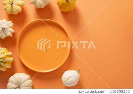 Autumn composition of colorful different small pumpkins, orange empty plate on orange background. Concept catering or table setting for Thanksgiving Day. Top view. Copy space. 119705293