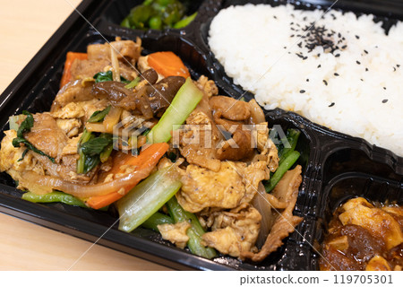 Delicious Chinese bento, fried pork and vegetable bento Delicious Chinese bento, fried pork and vegetable bento 119705301