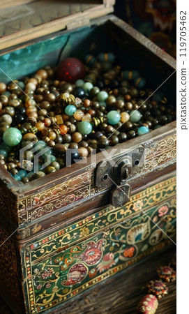 An open vintage jewelry box filled with colorful beads and necklaces, artistic treasures. 119705462