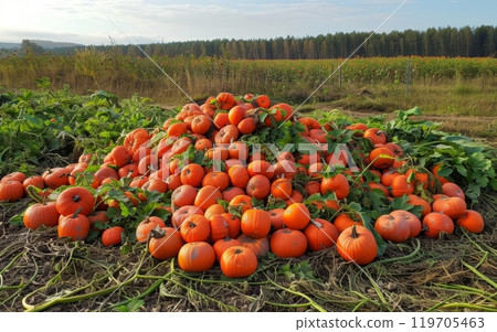 A heap of vibrant orange pumpkins gathered in a field, with a stormy sky overhead, signifying autumn harvest. A heap of vibrant orange pumpkins gathered in a field, with a stormy sky overhead, signifying autumn harvest. 119705463