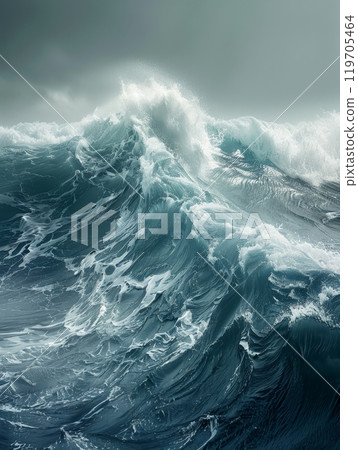 The dramatic dance of turbulent ocean waves captured under the dark, brooding canvas of a stormy sky. 119705464