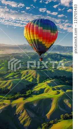 Colorful hot air balloon floating above rolling green hills under a bright sky. 119705483