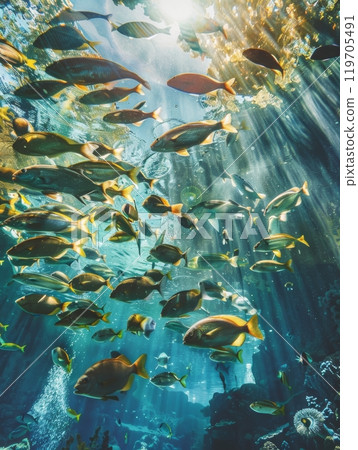 A vibrant underwater scene with a school of fish swimming amidst sunbeams filtering through the water's surface. 119705491