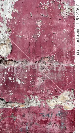 Vertical view of a burgundy wall with peeling and flaking paint, showcasing a rich palette of distressed textures. Vertical view of a burgundy wall with peeling and flaking paint, showcasing a rich palette of distressed textures. 119705507