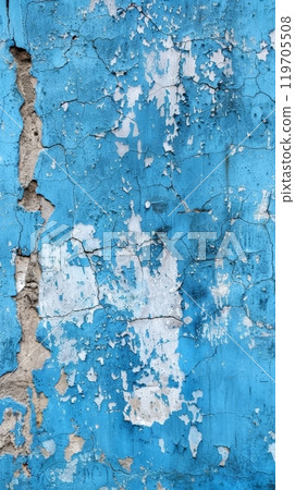 Wide-angle view of a worn blue paint surface with flaking layers and a sense of historical decay. Wide-angle view of a worn blue paint surface with flaking layers and a sense of historical decay. 119705508