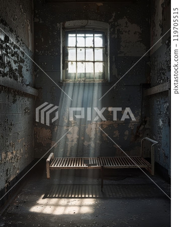 Sunbeams filter through a broken window, illuminating the weathered textures of an abandoned room's walls and solitary metal bed. 119705515