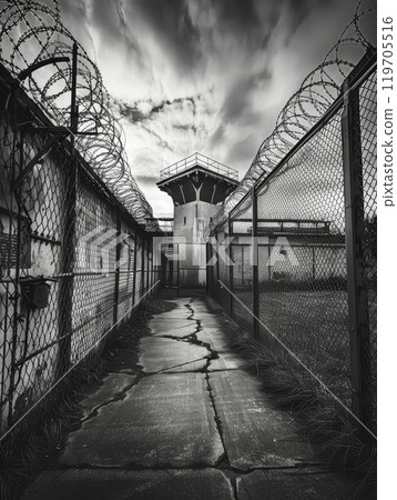 An isolated security tower stands against a fiery sunset sky, surrounded by barbed wire fences, evoking a mood of isolation. An isolated security tower stands against a fiery sunset sky, surrounded by barbed wire fences, evoking a mood of isolation. 119705516