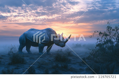 Silhouette of a powerful rhinoceros against a vibrant sunrise sky with misty landscape, symbolizing strength and wilderness conservation 119705721