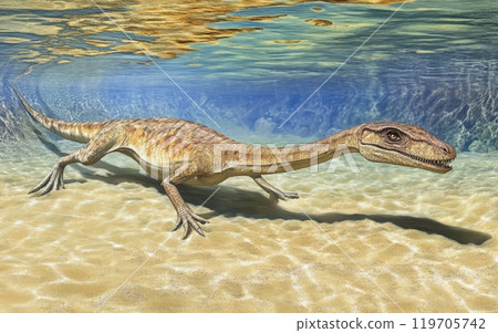 A Tanystropheus reptile emerges from the serene, mist-shrouded waters of a secluded, primeval lagoon, its long, sinuous form and piercing gaze commanding an awe-inspiring presence in the untamed 119705742