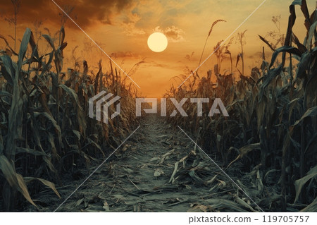 A dramatic sunset illuminates a path cutting through a mature cornfield, with dried stalks and leaves framing the view towards a glowing horizon 119705757
