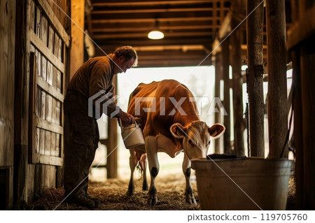 A farmer in work clothes milks a brown cow in a sunlit wooden barn, capturing the essence of traditional dairy farming and rural life 119705760