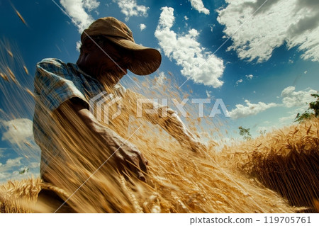 A farmer threshing wheat in a golden field under a vibrant blue sky with white clouds, showcasing the dynamic motion of grain harvest 119705761