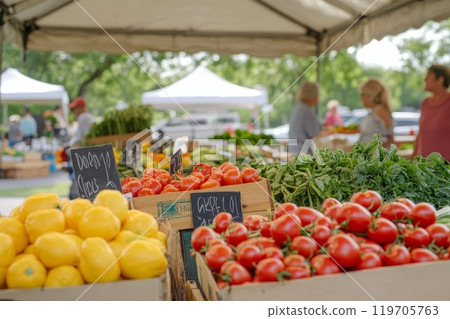 Close-up of colorful fresh produce display at a farmers market, featuring ripe tomatoes, lemons, and leafy greens with price tags, shoppers in background 119705763