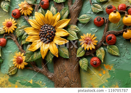 Colorful clay relief artwork featuring sunflowers, leaves, and berries on a green background, showcasing vibrant 3D textures and autumn-inspired designs Colorful clay relief artwork featuring sunflowers, leaves, and berries on a green background, showcasing vibrant 3D textures and autumn-inspired designs 119705787
